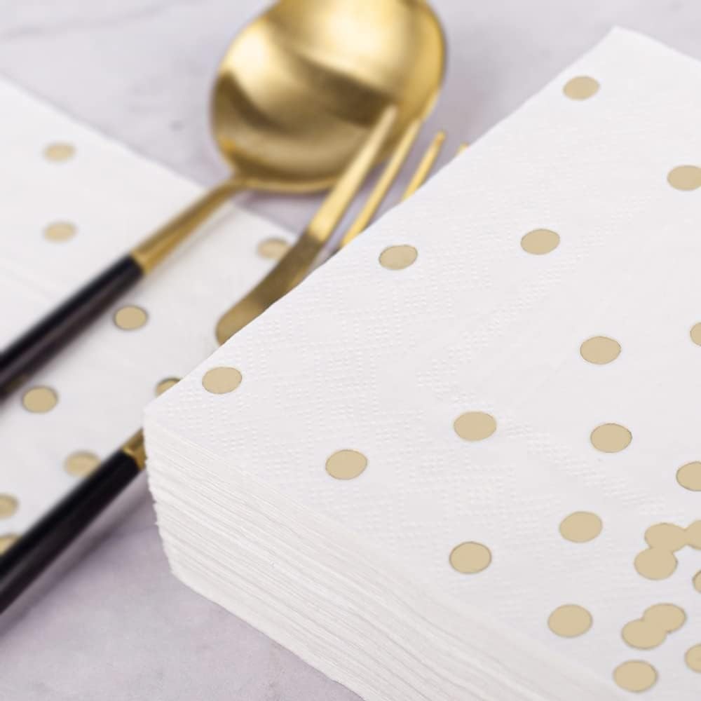 Set 20 de Servetele de Masa, Imprimeu cu Buline Aurii, din Hartie, 17 x 17 cm, Alb [3]