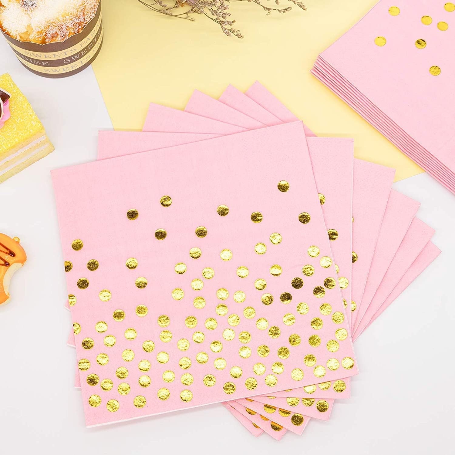 Set 20 de Servetele de Masa, Imprimeu cu Buline Aurii, din Hartie, 17 x 17 cm, Roz [5]