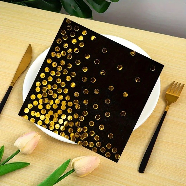 Set 20 de Servetele de Masa, Imprimeu cu Buline Aurii, din Hartie, 17 x 17 cm, Negru [4]