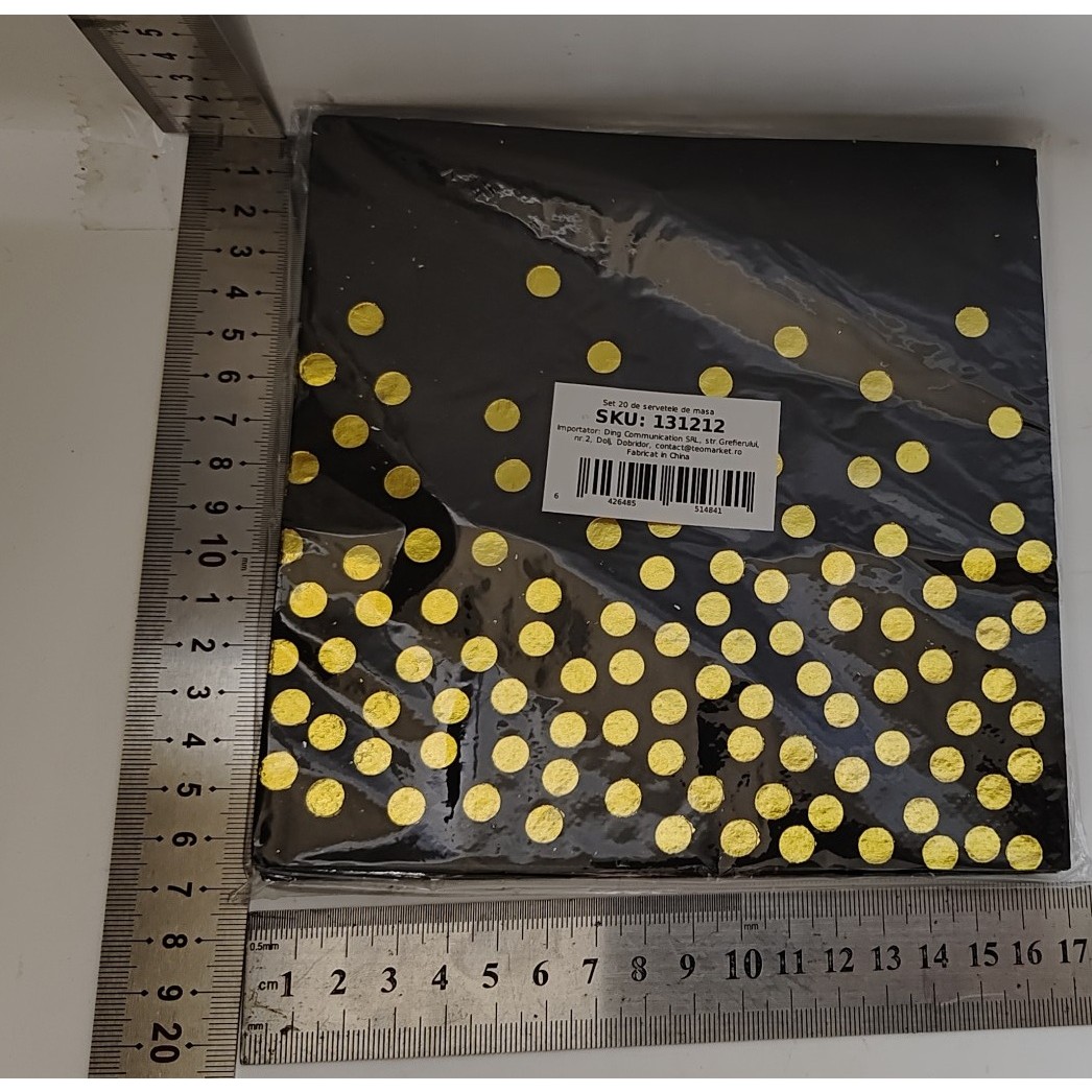 Set 20 de Servetele de Masa, Imprimeu cu Buline Aurii, din Hartie, 17 x 17 cm, Negru [1]