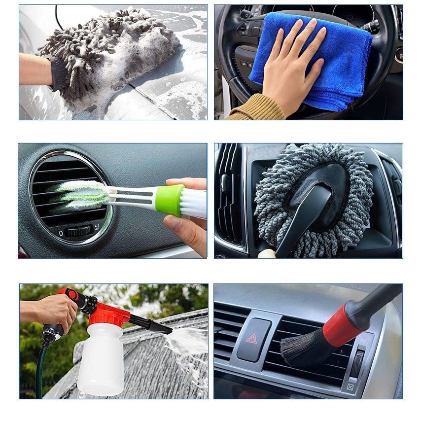 Set 23 Accesorii pentru Curatare Auto, din PP si Microfibra, Interior/Exterior, 30 x 24 x 12 cm, Galben/Negru [1]