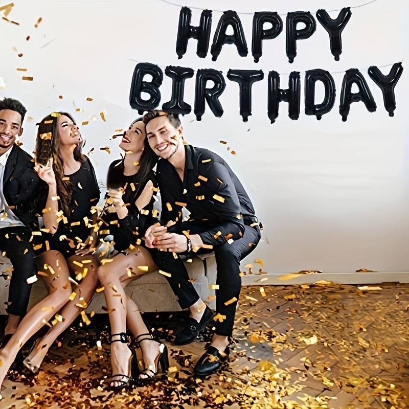 Set 25 de Baloane din Folie Metalizata si Latex, Figurine 2 Stele, 4 Baloane Confetti, 13 Litere, 6 Latex, Model Happy Birthday, Tema Aniversare, 40 cm, Ambalaj Individual, Pai Inclus, Umflare cu Aer sau Heliu, Negru [2]