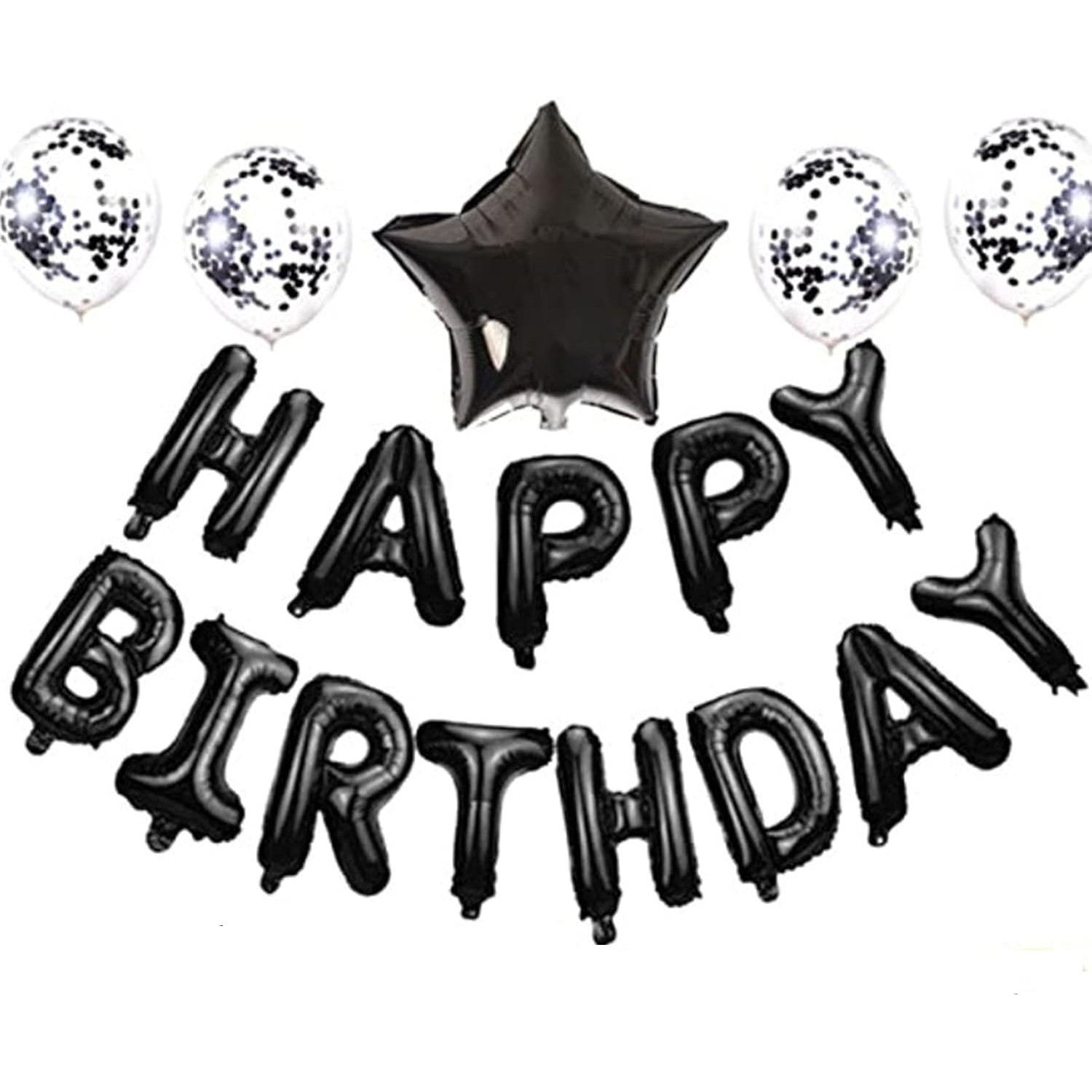 Set 25 de Baloane din Folie Metalizata si Latex, Figurine 2 Stele, 4 Baloane Confetti, 13 Litere, 6 Latex, Model Happy Birthday, Tema Aniversare, 40 cm, Ambalaj Individual, Pai Inclus, Umflare cu Aer sau Heliu, Negru [1]