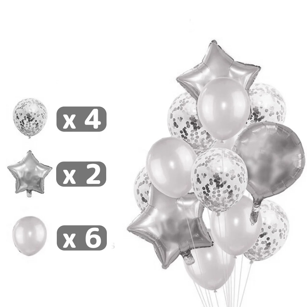 Set 25 de Baloane din Folie Metalizata si Latex, Figurine 2 Stele, 4 Baloane Confetti, 13 Litere, 6 Latex, Model Happy Birthday, Tema Aniversare, 40 cm, Ambalaj Individual, Pai Inclus, Umflare cu Aer sau Heliu, Argintiu [1]