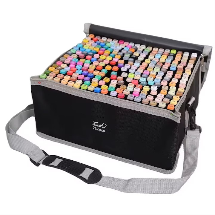 Markere si Set Desen - Set 262 Markere Duble, pe Baza de Alcool, Geanta Impermeabila Inclusa, Culori Numerotate, 37 x 21.5 x 16.3 cm, Multicolor