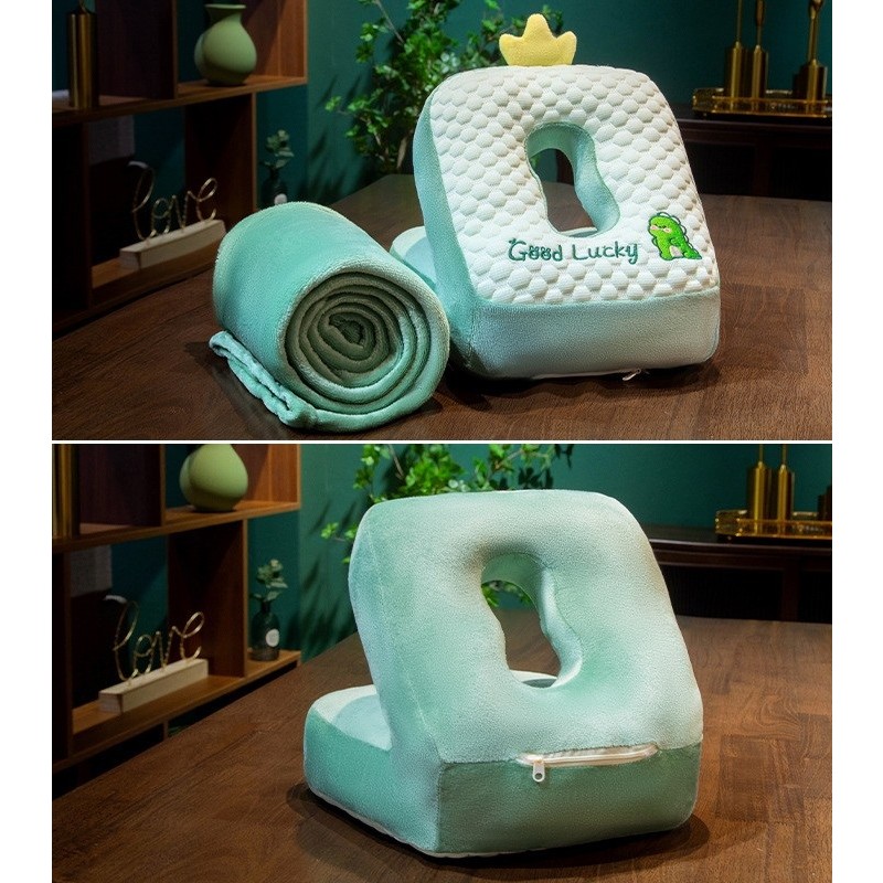 Set 2in1 Patura Microfibra si Perna din Spuma, pentru Birou, Calatorii, Pauze, Model Dinozaur, Microfibra, 1x1.7 m, 30x35x30 cm, Verde [3]