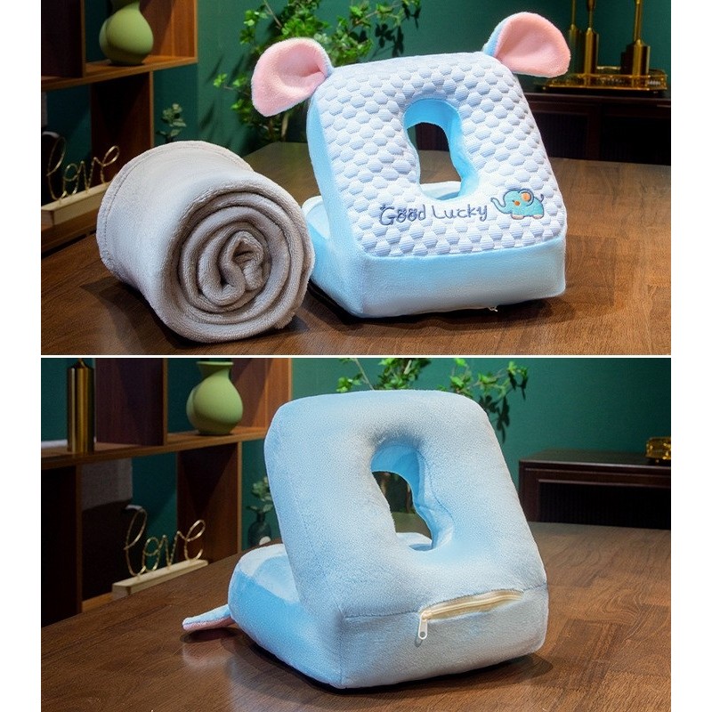 Set 2in1 Patura Microfibra si Perna din Spuma, pentru Birou, Calatorii, Pauze, Model Elefant, Microfibra, 1x1.7 m, 30x35x30 cm, Albastru [3]