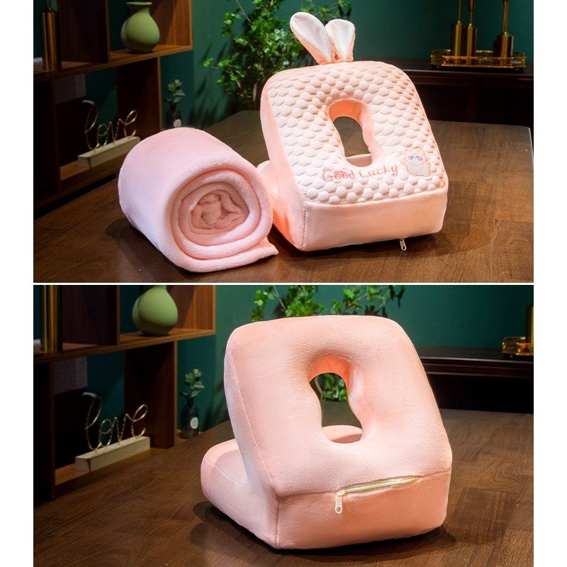 Set 2in1 Patura Microfibra si Perna din Spuma, pentru Birou, Calatorii, Pauze, Model Iepuras, Microfibra, 1x1.7 m, 30x35x30 cm, Roz [2]