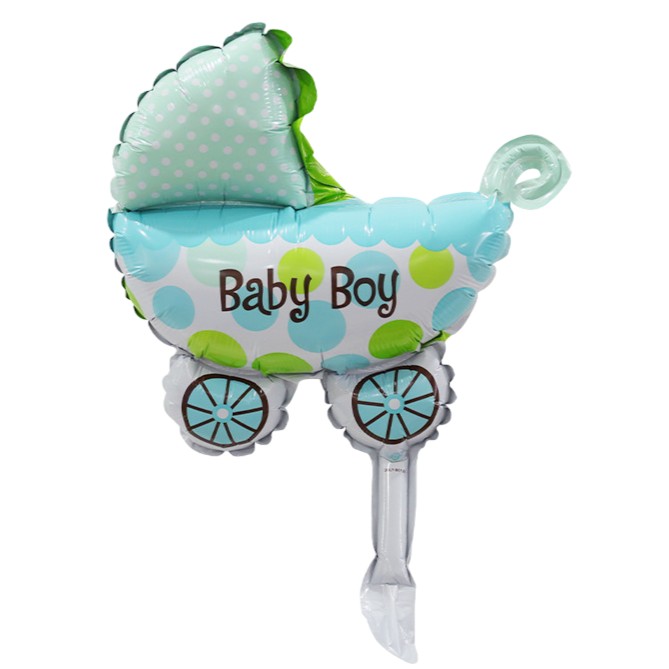 Set 3 Baloane din Folie Metalizata, Figurine Carucior, Inima, Fundita, Tema Botez, 45 cm, Ambalaj Individual, Pai Inclus, Umflare cu Aer sau Heliu, Albastru [1]