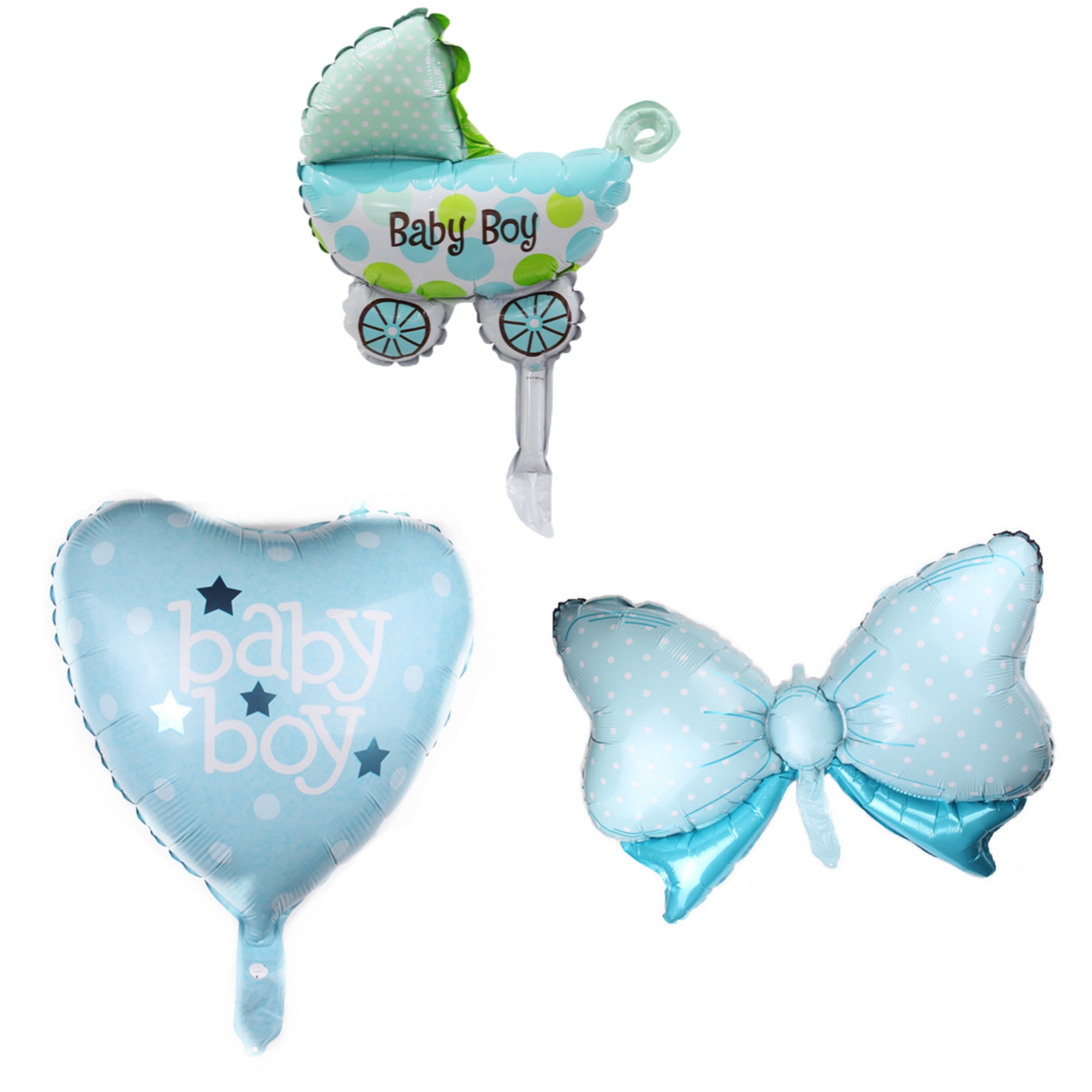 Tematica Fata/Baiat - Set 3 Baloane din Folie Metalizata, Figurine Carucior, Inima, Fundita, Tema Botez, 45 cm, Ambalaj Individual, Pai Inclus, Umflare cu Aer sau Heliu, Albastru