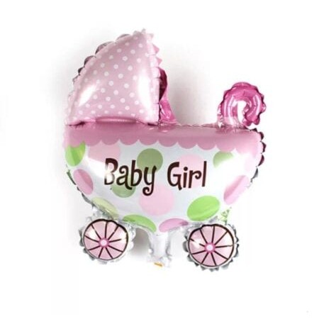 Set 3 Baloane din Folie Metalizata, Figurine Carucior, Inima, Fundita, Tema Botez, 45 cm, Ambalaj Individual, Pai Inclus, Umflare cu Aer sau Heliu, Roz [7]