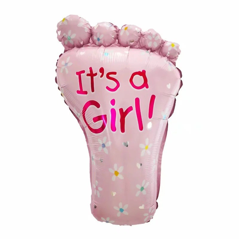 Set 3 Baloane din Folie Metalizata, Figurine Picior 46x79 cm, Inima 45 cm, Stea 45cm, Model It's a Girl, Tema Gender Reveal, Ambalaj Individual, Pai Inclus, Umflare cu Aer sau Heliu, Roz [1]