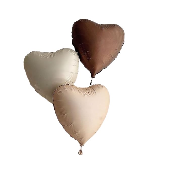 Baloane Folie - Set 3 Baloane din Folie Metalizata, Figurine Inimi, Tema Ziua Indragostitilor, 45 cm, Ambalaj Individual, Pai Inclus, Umflare cu Aer sau Heliu, Crem/Maro