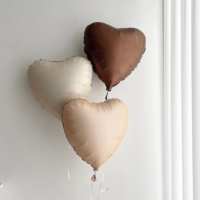 Set 3 Baloane din Folie Metalizata, Figurine Inimi, Tema Ziua Indragostitilor, 45 cm, Ambalaj Individual, Pai Inclus, Umflare cu Aer sau Heliu, Crem/Maro [3]