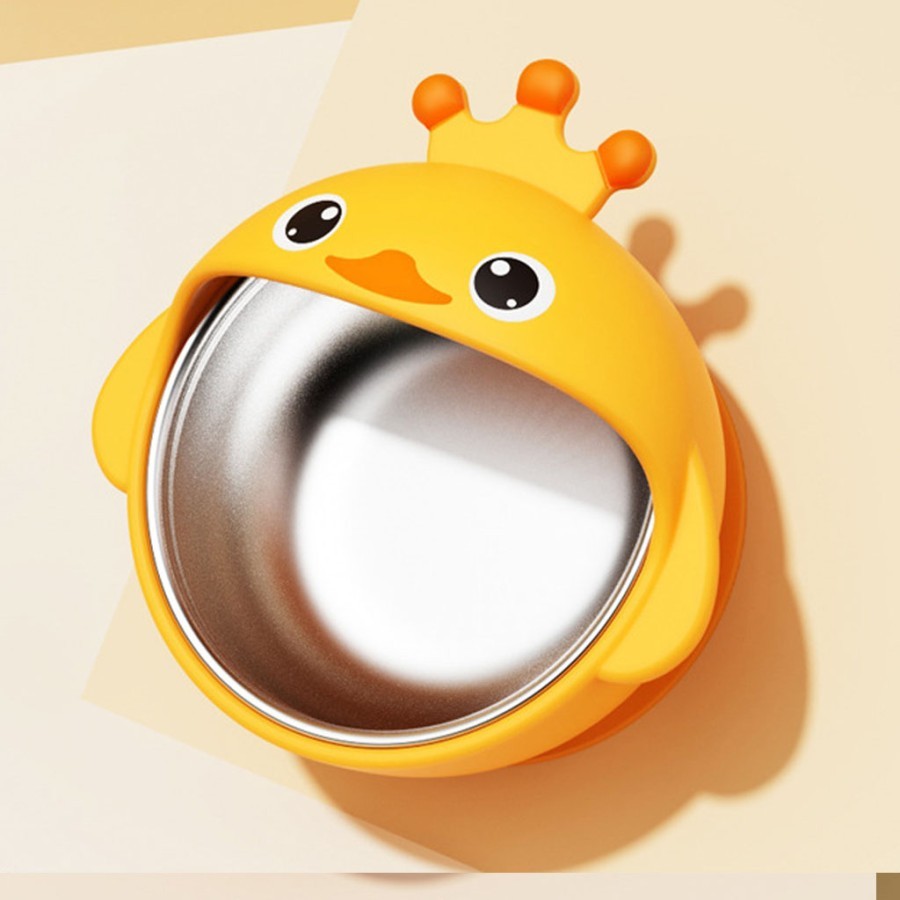 Set 3 Piese Diversificare Bebelusi si Copii, Bol, Lingura si Furculita, Model Ratusca, din Silicon si Otel Inoxidabil, Galben [4]