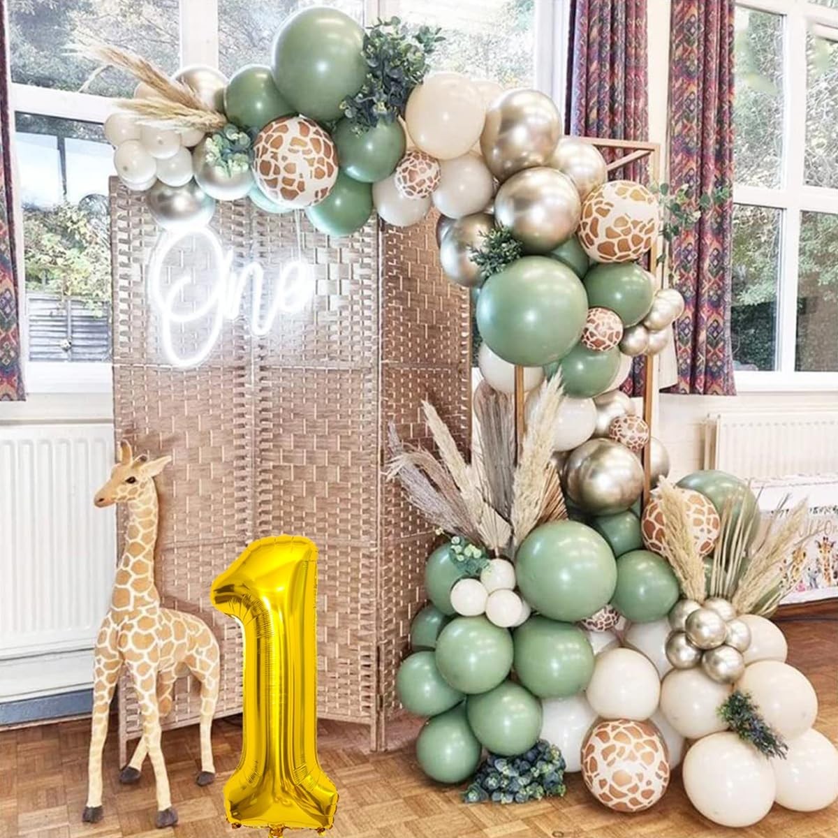 Set 30 Baloane Folie si Latex, Tematica Prima Aniversare, Baloane Latex 30cm, 25cm, Figurina Girafa 32x34 cm, Frunza Palmier 15 cm, Cifra 1 76 cm, Multicolor [4]