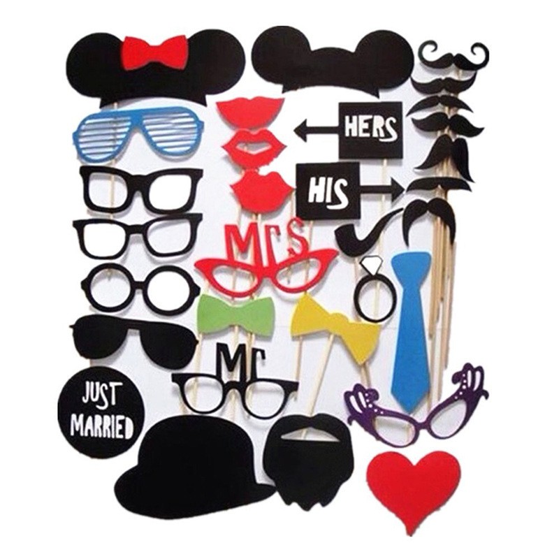 Set 31 de Accesorii pentru Petrecere, Props pentru Coltul de Poze, Ochelari, Palarii, Mustata, Cravata, Tematica Nunta, Multicolor [6]