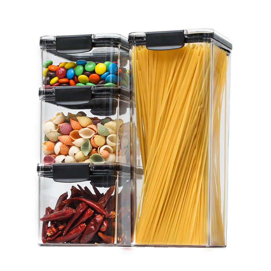 Organizatoare si Depozitare Bucatarie - Set 4 Recipiente din Plastic, pentru Alimente/Obiecte, Inchidere Ermetica, 1 x 460 ml, 2 x 700 ml, 1 x 1300 ml, Transparent