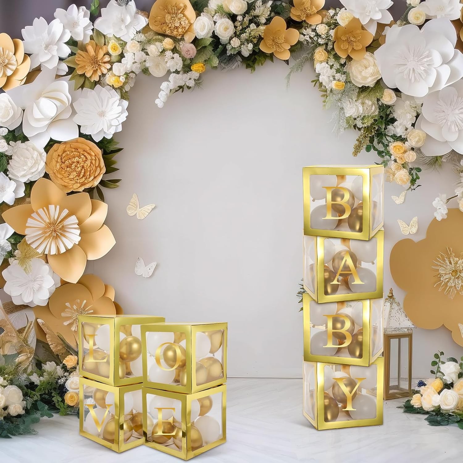 Set 4 Cutii pentru Baloane, Model Simplu, Tematica Aniversare, Cuburi Decorative din Plastic, Accesorii pentru Petrecere, 30 x30 cm, Transparente Contur Auriu [8]