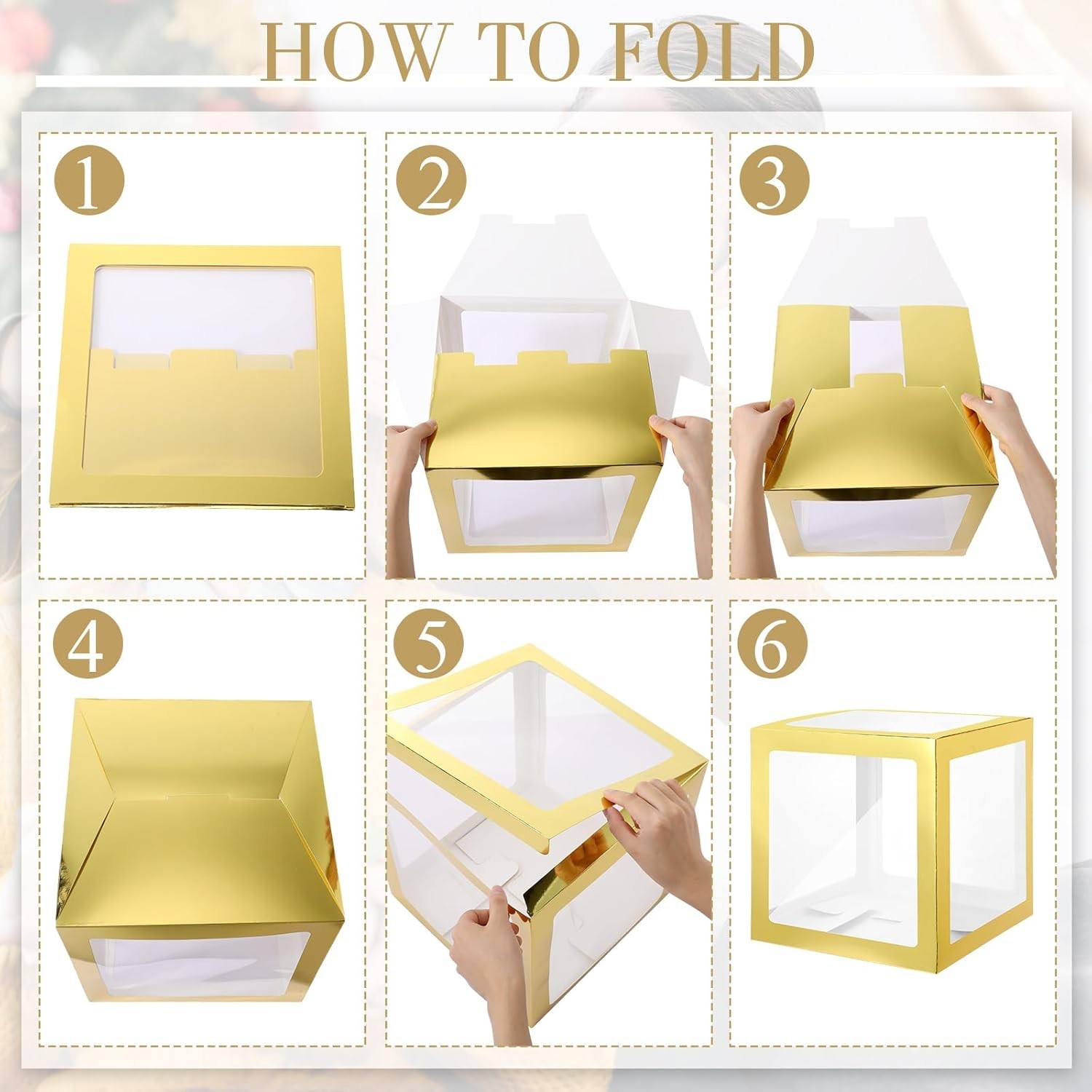 Set 4 Cutii pentru Baloane, Model Simplu, Tematica Aniversare, Cuburi Decorative din Plastic, Accesorii pentru Petrecere, 30 x30 cm, Transparente Contur Auriu [10]