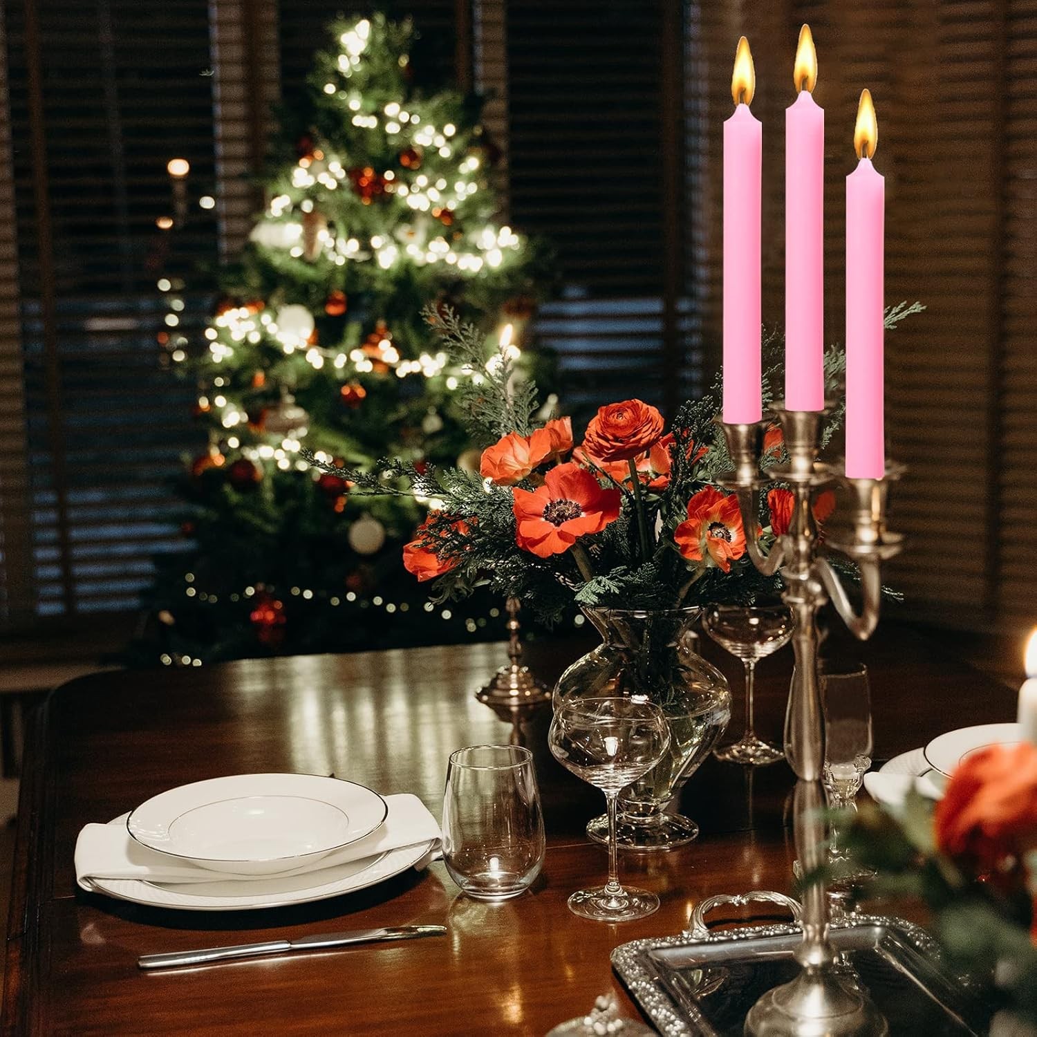 Set 4 Lumanari, pentru Suport de Masa, Fara Miros si Fum, din Parafina, 2.2 x 25 cm, Roz [1]