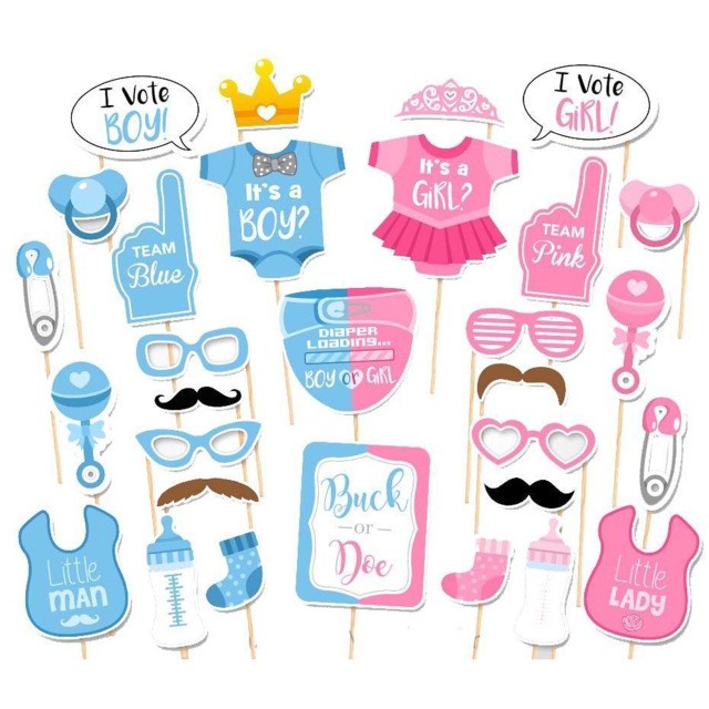 Set 30 de Accesorii pentru Petrecere, Props pentru Coltul de Poze, Gender Reveal, Tematica Baby Shower, Albastru-Roz [3]