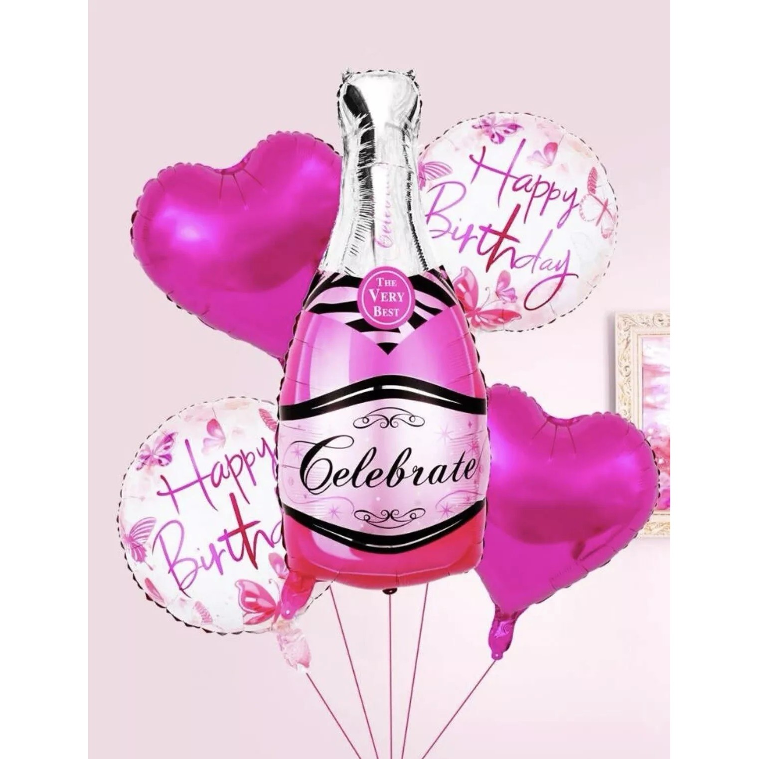 Set 5 Baloane din Folie Metalizata, Figurine Sticla de Sampanie, Model Inimi, Tema Aniversare, Pai Inclus, Ambalaj Individual, Umflare cu Aer sau Heliu, Multicolor [1]