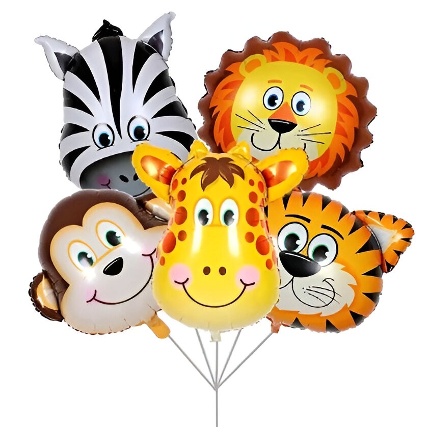 Baloane Folie - Set 5 Baloane Folie Metalizata, Figurine Animale Salbatice, 30 cm, Ambalaj Individual, Pai inclus, Umflare cu Aer sau Heliu, Multicolor