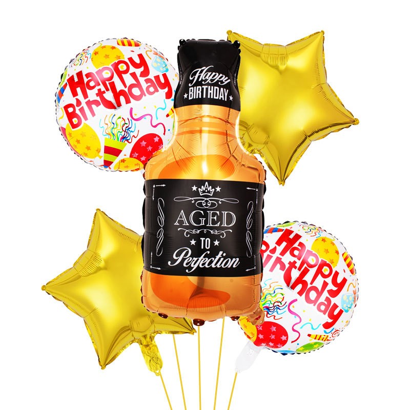 Seturi Baloane Folie - Set 5 Baloane din Folie Metalizata, Figurine Sticla de Bautura, Model Stele, Tema Aniversare, Pai Inclus, Ambalaj Individual, Umflare cu Aer sau Heliu, Multicolor