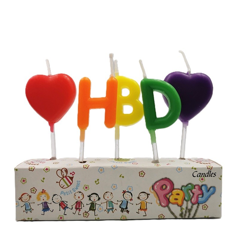 Lumanari si Toppere - Set 5 Lumanari de Tort, Model Inimi, Litere HBD, 1.8 x 2.7 cm, din Ceara, Multicolor