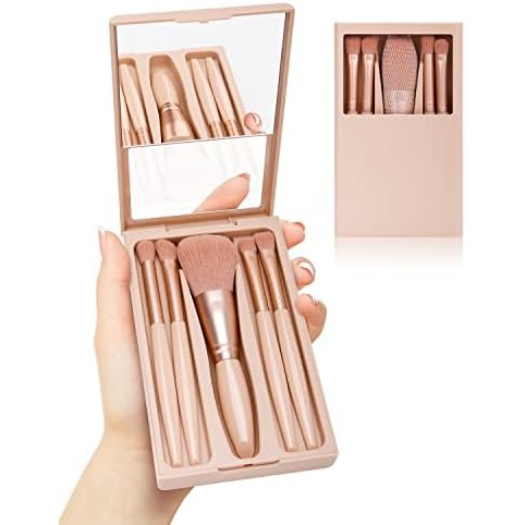 Set 5 Pensule de Machiaj cu Peri Moi, cu Suport pentru Depozitare si Oglinda, Roz Pal [1]