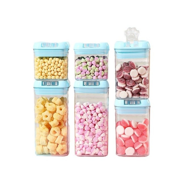 Set 6 Cutii de Depozitare Alimente, 2 x 500ml, 2 x 800ml, 2 x 1200ml, Capac Albastru, din PP+PET, Inchidere Ermetica, Transparent [1]