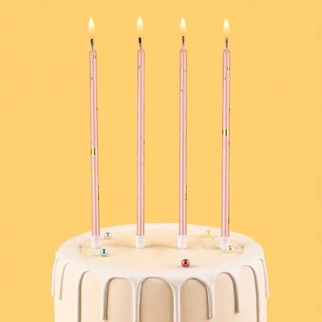 Set 6 Lumanari Lungi, din Parafina, 10 x 0.5 cm, Happy Birthday, Roz [2]