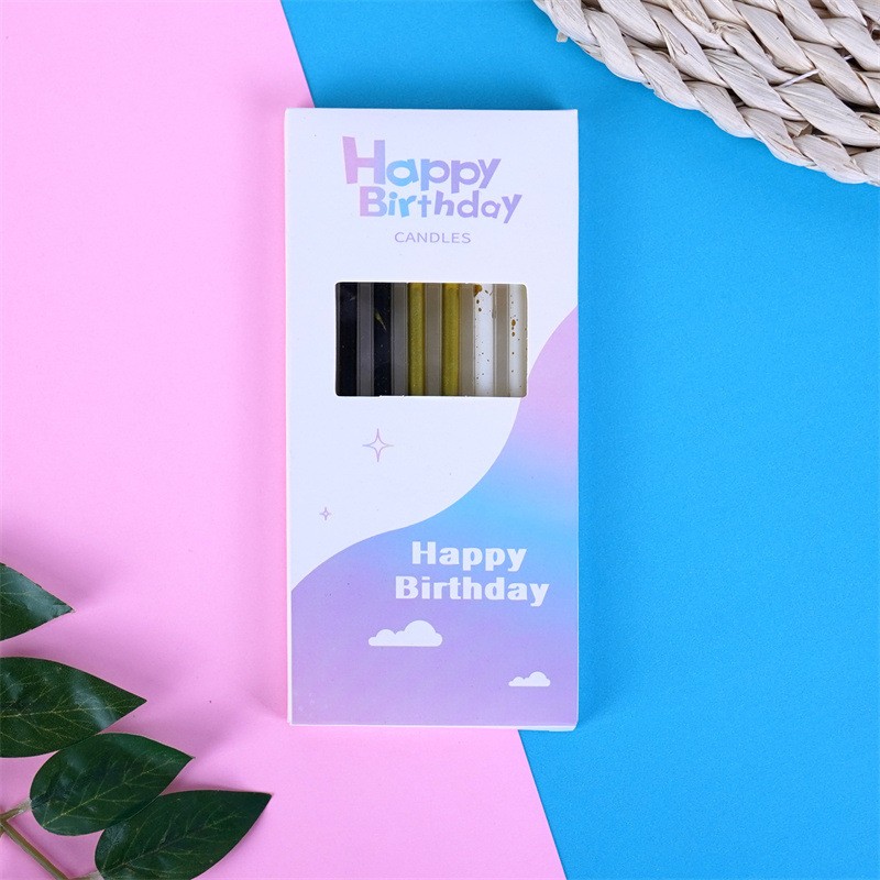 Set 6 Lumanari Lungi, din Parafina, 10 x 0.5 cm, Happy Birthday, Alb/Negru/Auriu [2]