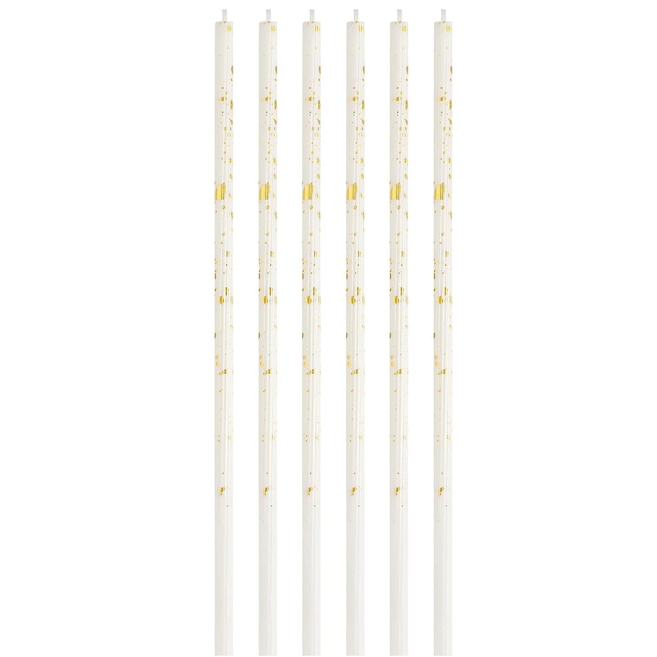 Lumanari si Toppere - Set 6 Lumanari Lungi, din Parafina, 10 x 0.5 cm, Happy Birthday, Alb/Auriu