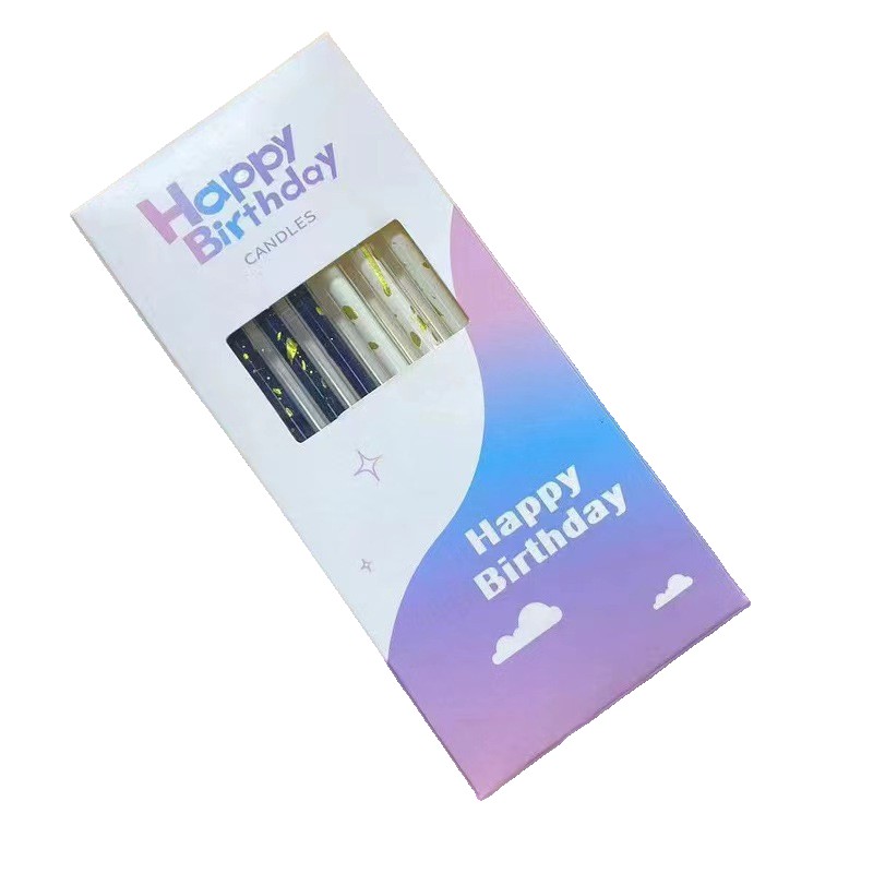 Lumanari si Toppere - Set 6 Lumanari Lungi, din Parafina, 10 x 0.5 cm, Happy Birthday, Alb/Negru