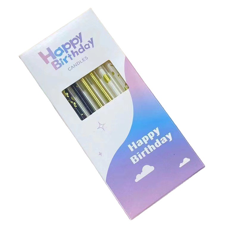 Lumanari si Toppere - Set 6 Lumanari Lungi, din Parafina, 10 x 0.5 cm, Happy Birthday, Alb/Negru/Auriu