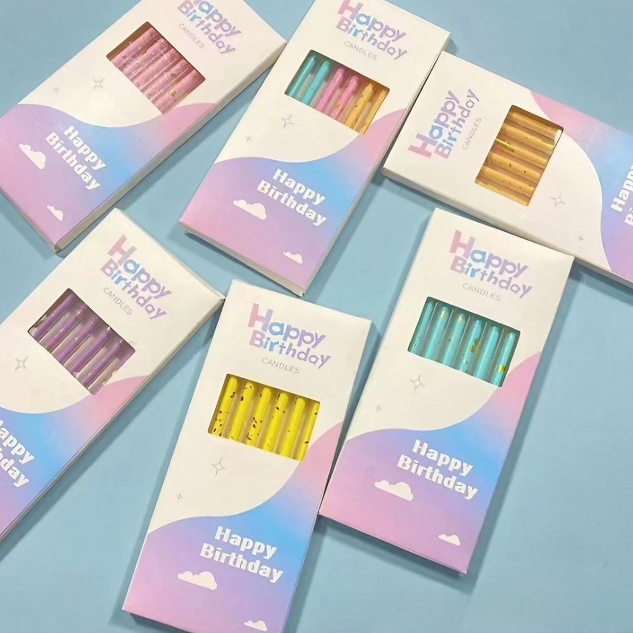 Set 6 Lumanari Lungi, din Parafina, 10 x 0.5 cm, Happy Birthday, Galben [2]