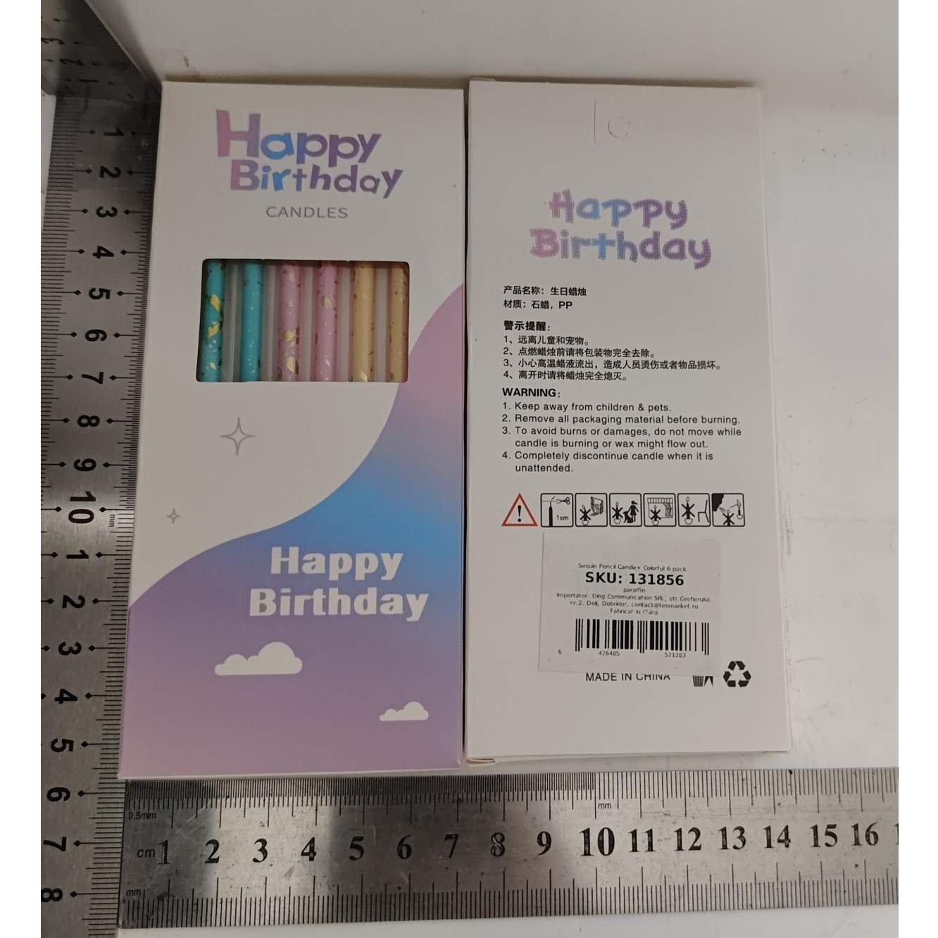 Set 6 Lumanari Lungi, din Parafina, 10 x 0.5 cm, Happy Birthday, Multicolor [2]