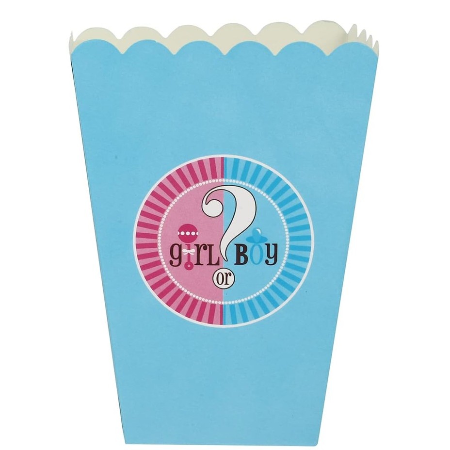 Tematica Fata/Baiat - Set 6 Cutii Popcorn Gender Reveal, Girl or Boy, din Carton, 13 x 9 cm, Roz/Albastru