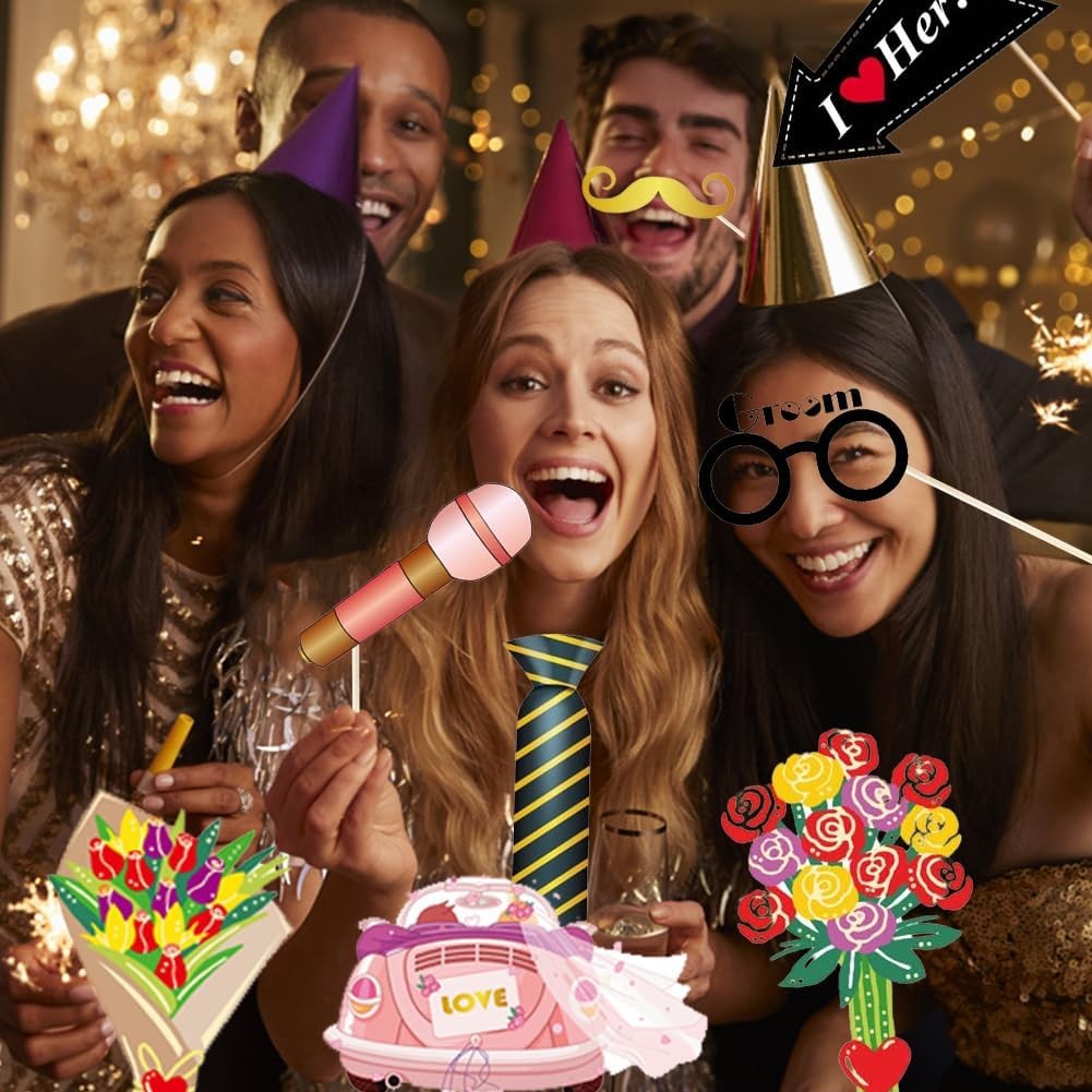 Set 60 de Accesorii pentru Petrecere, Tematica Nunta, Props pentru Coltul de Poze, Ochelari, Palarii, Mustata, Cravata, pentru Evenimente, Multicolor [4]