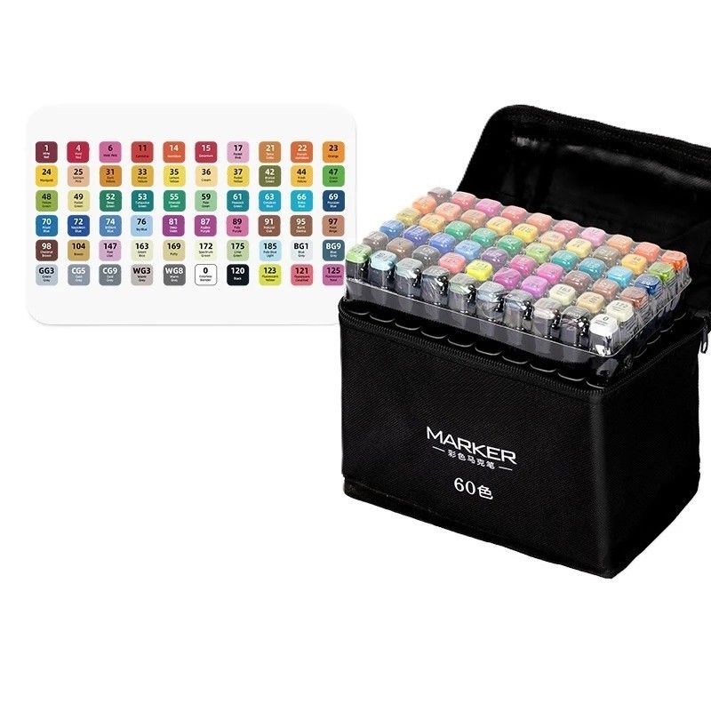 Articole pentru Copii - Set 60 Markere, pe Baza de Ulei, Dublu Capat, Subtire 1mm si Gros 6 mm, Geanta Depozitare, 15 cm, Multicolor