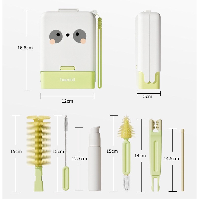 Set 7 Piese de Spalat/Uscat Biberoane, Portabil, Peri de Silicon, pentru Tetine, Suzete, Biberoane, Paie, Cutie Inclusa, 16.8 x 12 x 5 cm, Model Panda, Verde [4]