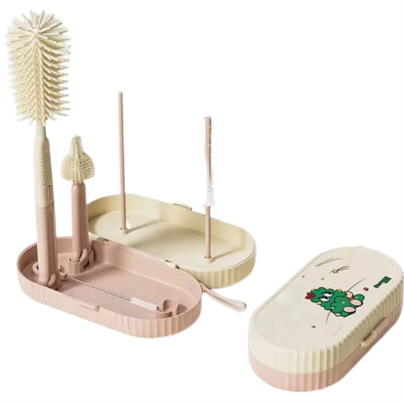 Set 7 Piese de Spalat/Uscat Biberoane, Portabil, Peri de Silicon, pentru Tetine, Suzete, Biberoane, Paie, Cutie Inclusa, 20 x 9.5 cm, Roz [1]