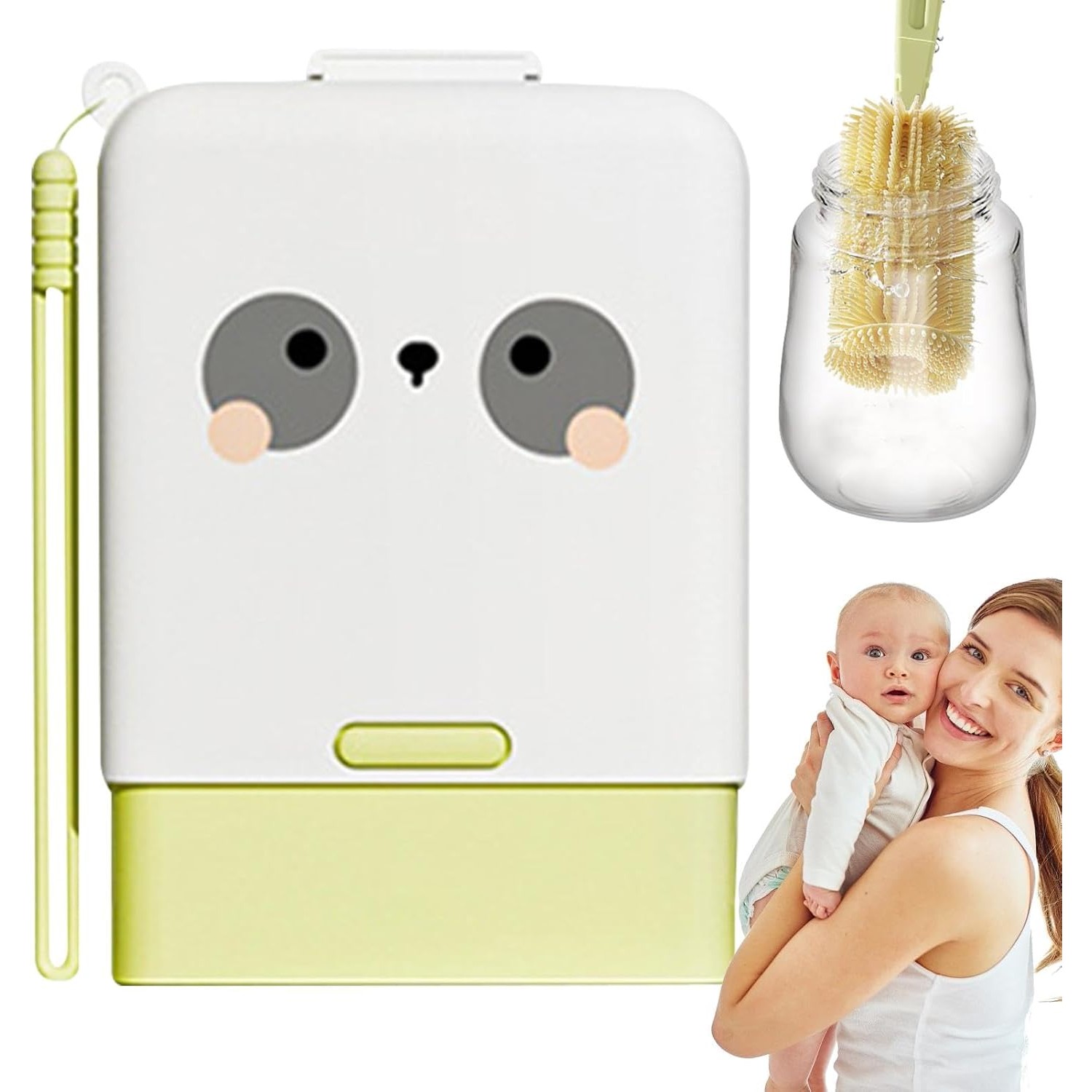 Set 7 Piese de Spalat/Uscat Biberoane, Portabil, Peri de Silicon, pentru Tetine, Suzete, Biberoane, Paie, Cutie Inclusa, 16.8 x 12 x 5 cm, Model Panda, Verde [2]