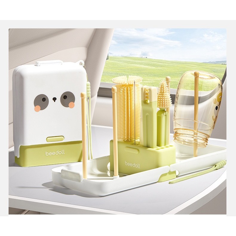 Set 7 Piese de Spalat/Uscat Biberoane, Portabil, Peri de Silicon, pentru Tetine, Suzete, Biberoane, Paie, Cutie Inclusa, 16.8 x 12 x 5 cm, Model Panda, Verde [5]