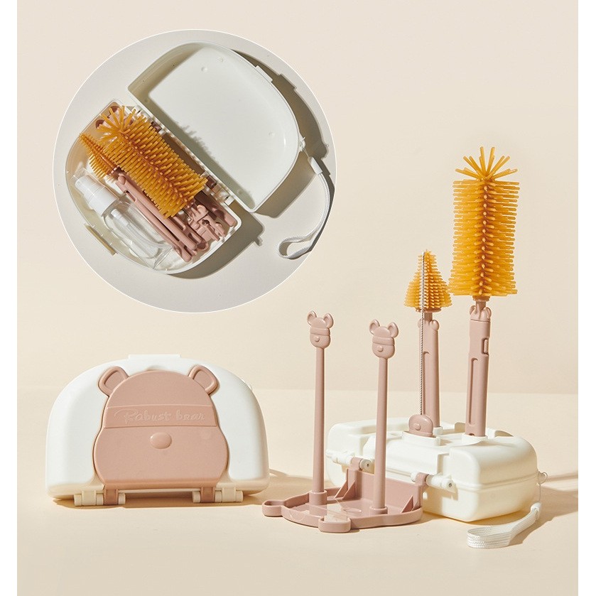 Set 7 Piese de Spalat/Uscat Biberoane, Portabil, Peri de Silicon, pentru Tetine, Suzete, Biberoane, Paie, Cutie Inclusa, 16 x 11 x 5 cm, Model Ursulet, Maro [3]
