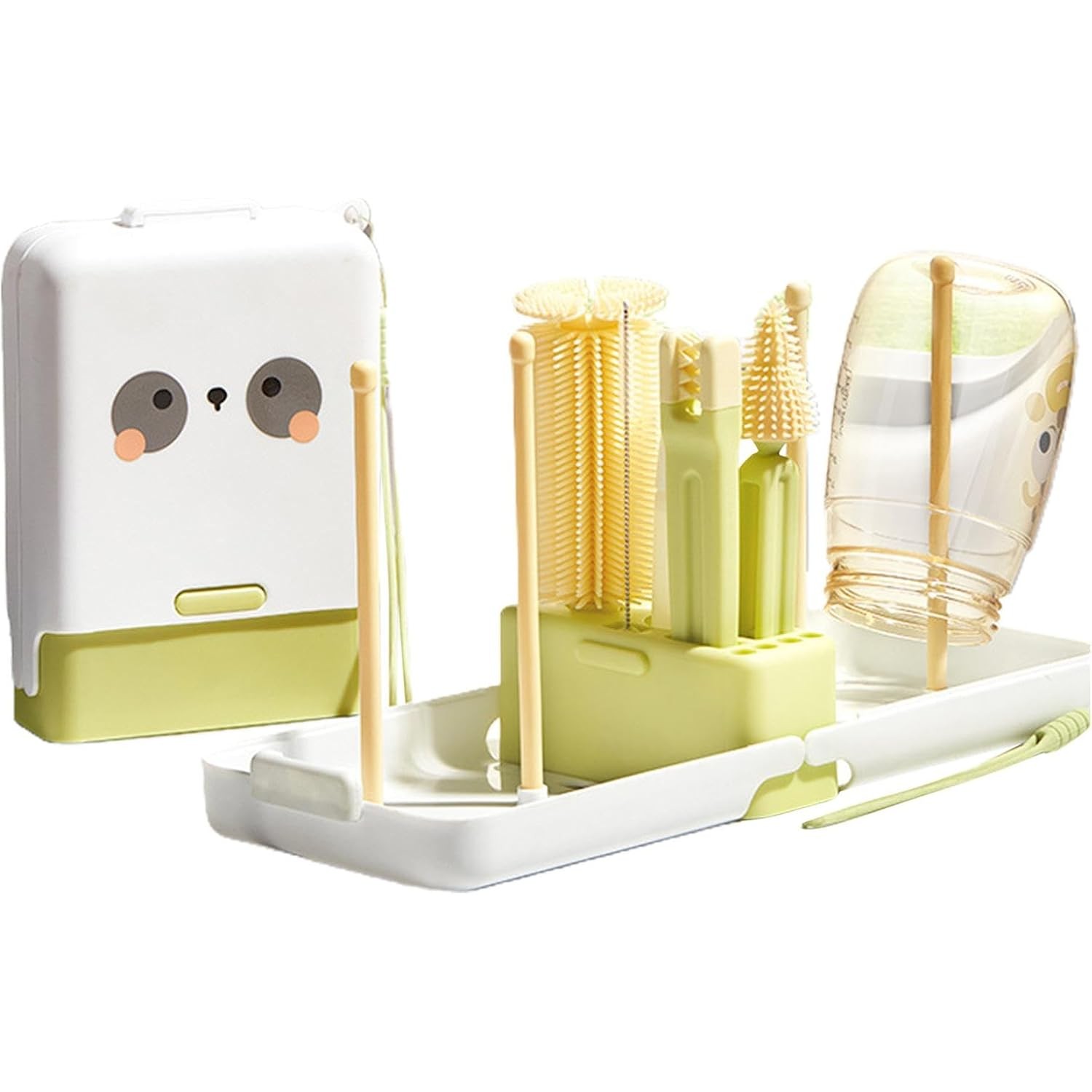 Articole Diverse copii - Set 7 Piese de Spalat/Uscat Biberoane, Portabil, Peri de Silicon, pentru Tetine, Suzete, Biberoane, Paie, Cutie Inclusa, 16.8 x 12 x 5 cm, Model Panda, Verde