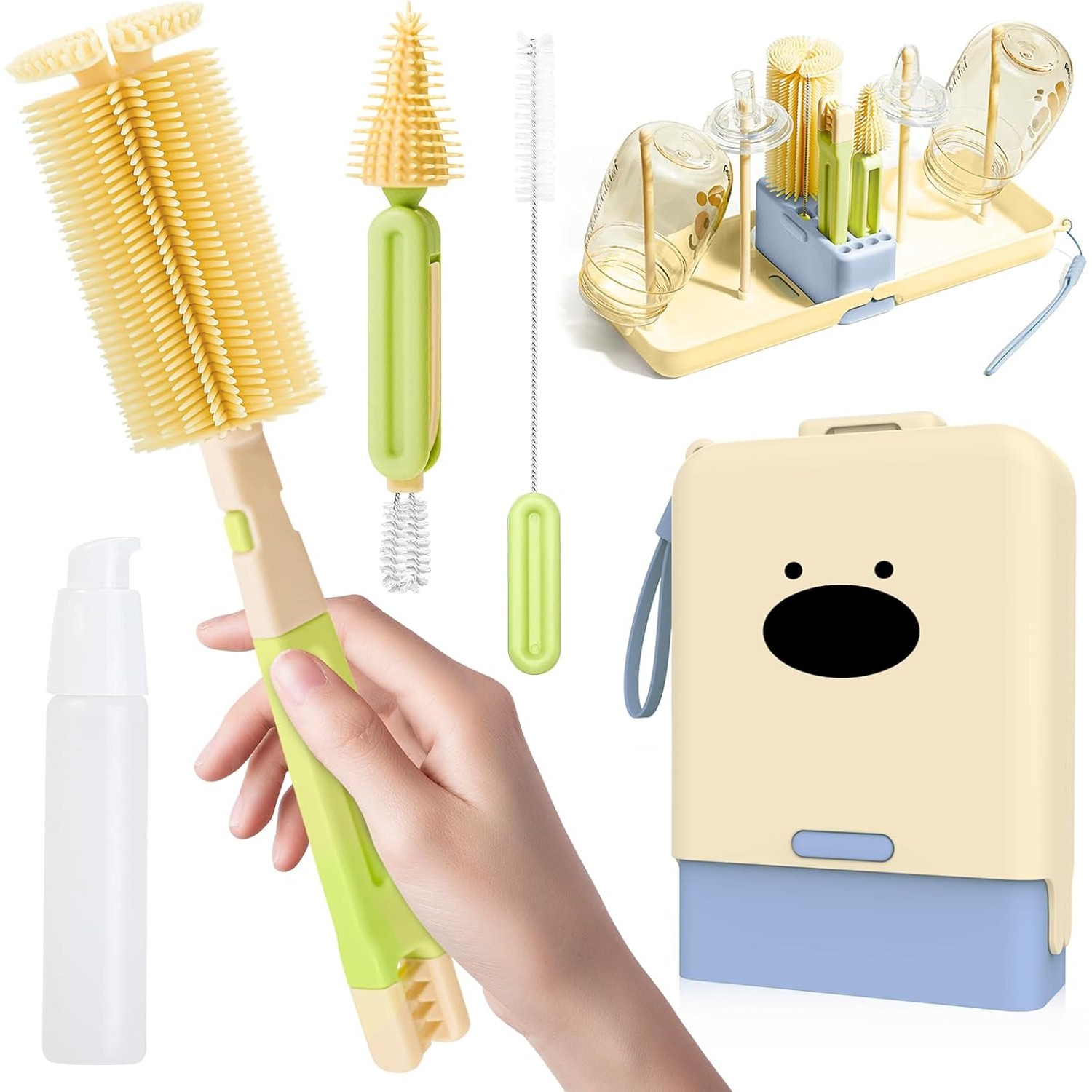 Set 7 Piese de Spalat/Uscat Biberoane, Portabil, Peri de Silicon, pentru Tetine, Suzete, Biberoane, Paie, Cutie Inclusa, 16.8 x 12 x 5 cm, Model Catel, Albastru [1]