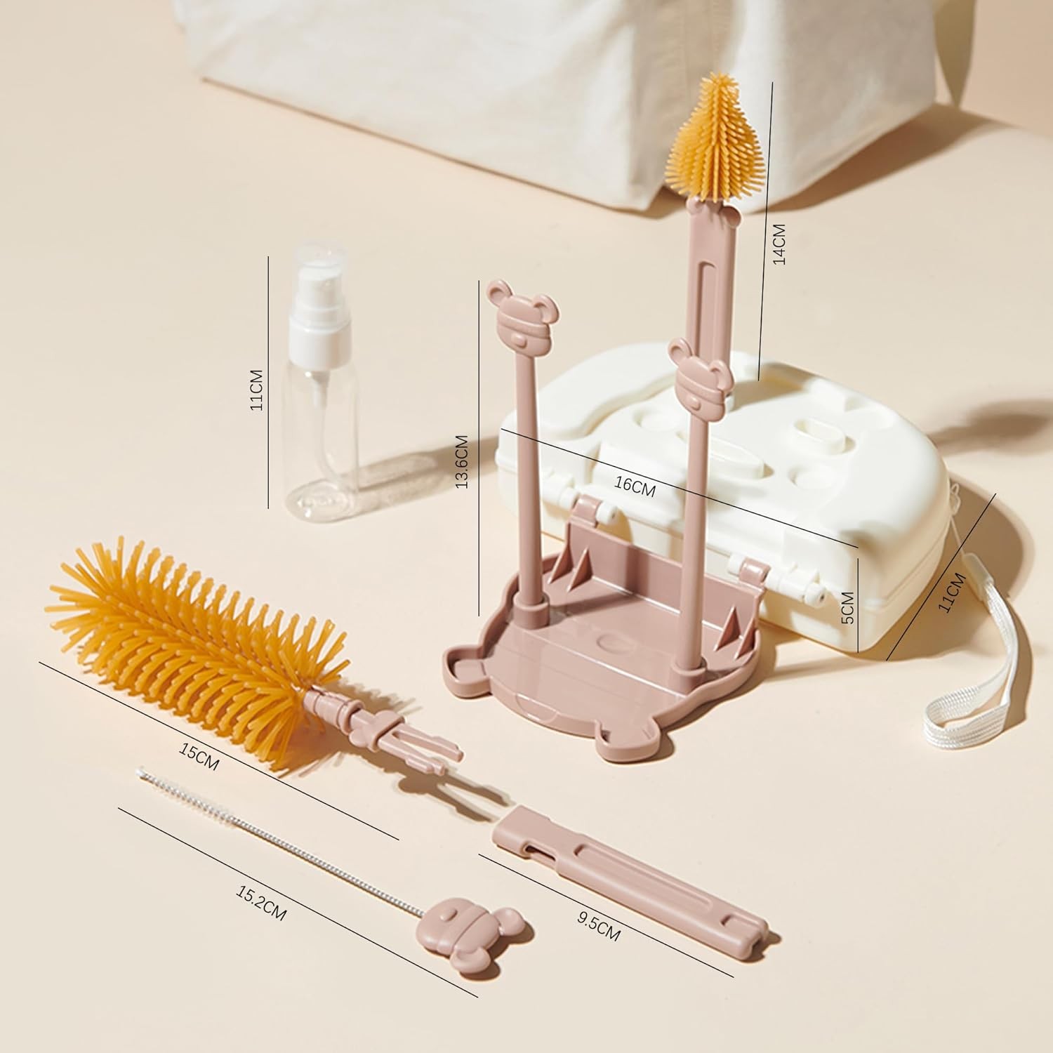 Set 7 Piese de Spalat/Uscat Biberoane, Portabil, Peri de Silicon, pentru Tetine, Suzete, Biberoane, Paie, Cutie Inclusa, 16 x 11 x 5 cm, Model Ursulet, Maro [1]